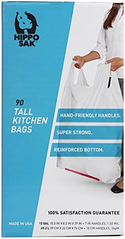 Hippo Sak - Tall Kitchen Garbage Bags with Ergonomic Handles - 13 Gallon Trash Bags - Super Strong, Patented Reinforced Bottom and Leak Proof Tall Kitchen Trash Bags - Heavy Duty Trash Bags (90 Count)