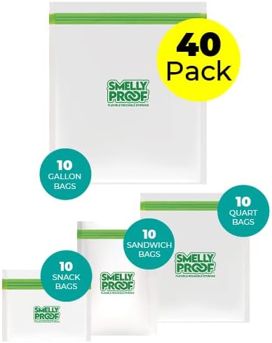 COMBO PACK: 40 x Reusable Food Storage Bags by Smelly Proof, Dishwasher-Safe, US Made, CLEAR, 4-Sizes: XL Gallon, Quart, Snack & Medium Sandwich Bags