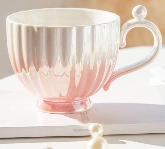 Pearl Shell Ceramic Coffee Mug with Coaster Set for Tea Latte Milk Cute Cup with Saucer for Home Office Women Gift 6.5 oz (Shell Gradient Pink, 240 ml)