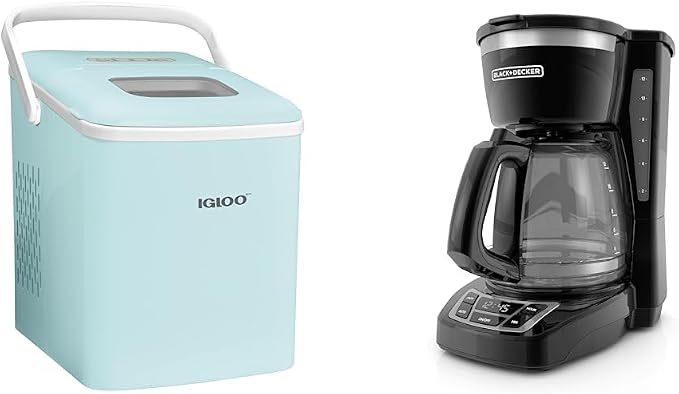 Igloo Automatic Self-Cleaning Portable Electric Countertop Ice Maker Machine with Handle & Black+Decker 12-Cup Digital Coffee Maker, CM1160B, Programmable, Washable Basket Filter