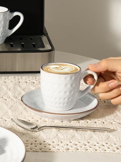 famiware Espresso Cups and Saucers Set of 4, 3 oz Ceramic Small Coffee Mug with Handle, Embossed Stoneware Demitasse Cup for Tea, Latte - Microwave & Dishwasher Safe - White Circle (Pack of 2)