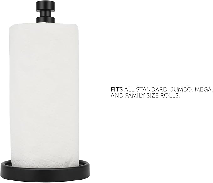 Ivilon Countertop Paper Towel Holder - Weighted Heavy Duty Steel Stand with Non-Slip Base for a Steady One-Handed One Sheet Tear - Fits All Rolls - Black