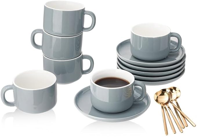 8oz Cappuccino Cups Set of 6, Tea Cups with Saucers and Spoons, Gray Ceramic Tea Cups Set Coffee Mugs for Tea Cappuccino Espresso Latte Mocha Au Lait Macchiato Cafe