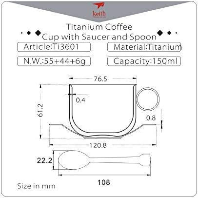 Keith Titanium Ti3601 Double-Wall Coffee Cup with Saucer and Spoon