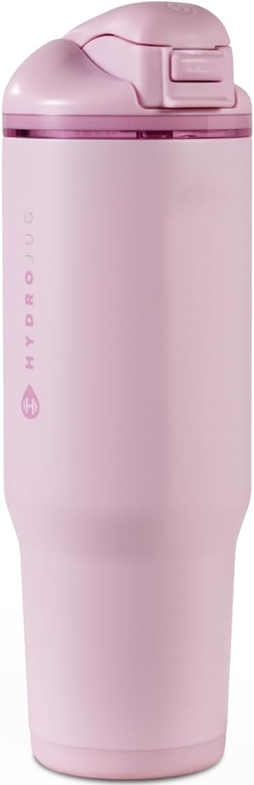 HydroJug Ease2o Water Bottle with Straw & Chug Lid, Stainless Steel, Vented Cap to Help Reduce Pressure, Water-Level Window, Cup Holder Friendly, Non-Slip Base – 32oz, Sweet Pea