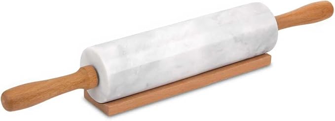 Marble Rolling Pin With Stand, 18.1-Inch Polished Non-Stick Stone Dough Roller With Wooden Handles for Baking Pasta, Pizza, Cookies, Pie Crust, Kitchen Pastry Tools (1, Light Grey, 18.1)
