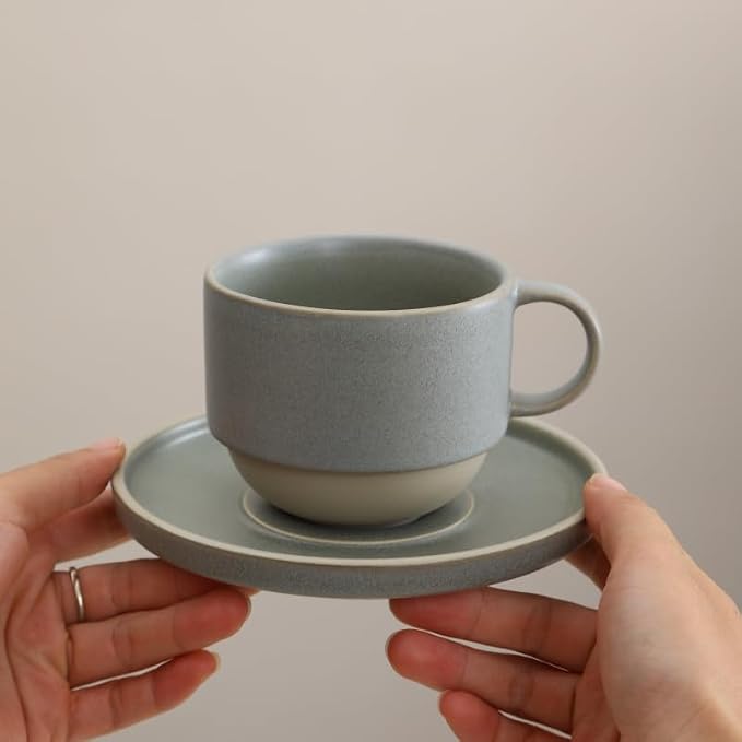 Little minimalist ceramic pottery tea cup with saucer, espresso cup | Matte Grey,Durable,Microwave and dishwasher safe, stoneware demitasse cup for lungo,cortado,Matcha, Americano