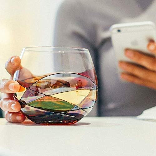 Victoria Barcelona Stemless Ballon Wine Glasses Set 2 21Oz Hand Painted Stained Sagrada Unique Gift Anniversary Wedding Birthday Murano Inspired Antoni Gaudi Cornet (Sagrada Red, Ballon Set 2)