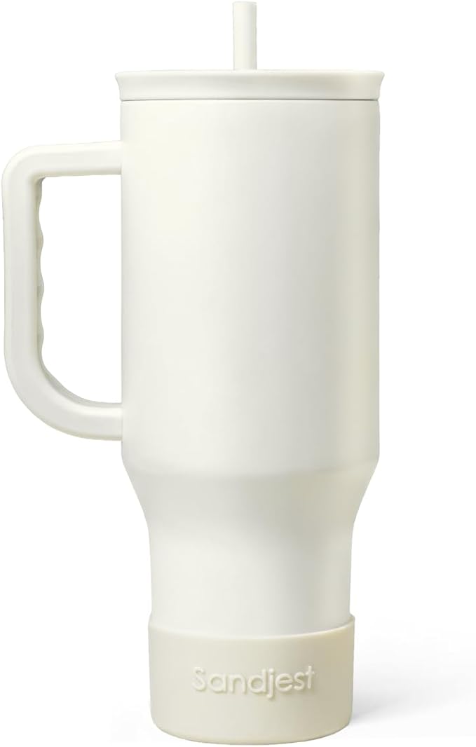 SANDJEST Ivory 40oz Tumbler with Handle and Straw, Insulated Stainless Steel Travel Coffee Mug for Women Girls, Gift Idea for Birthday Christmas Mothers Day