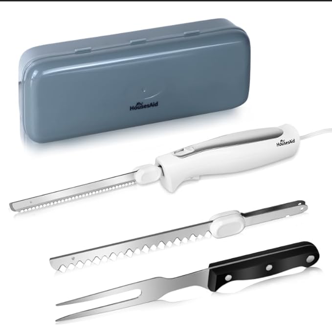 Electric Knife, Electric Carving Knife Set with Two Serrated Stainless Steel Blades, Carving Fork, with Non Slip Handle, Safety Lock and Storage Case for Meat, Bread Fish,Other and Foods.