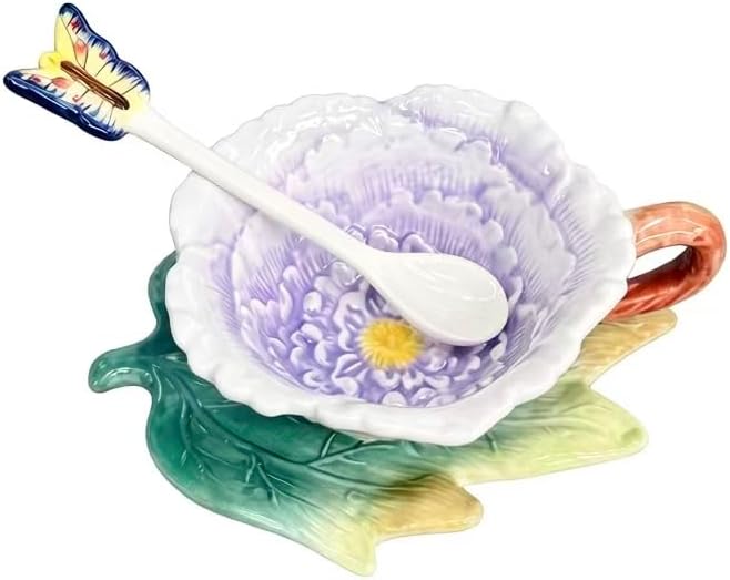 Ceramic Tea Cup and Saucer Set ，6OZ 3D Hand-painted Peony Flower Coffee Mug，Gift for Women -Purple