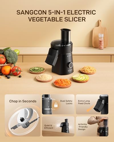 Gravity Electric Salt and Pepper Grinder Set Bundle Sangcon Electric Cheese Grater for Block Cheese, 5-in-1 Automatic Salad Shooter & Vegetable Slicer with 5 Stainless Steel Blades, One-Touch Countert