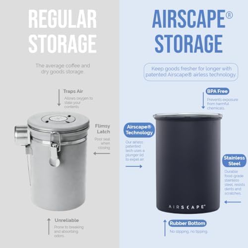 Planetary Design Airscape Stainless Steel Coffee Canister | Food Storage Container | US Patented Inner Plunger Lid REMOVES Excess Oxygen | Don't Buy airtight, Buy AIR-Less (Medium, Brushed Steel)
