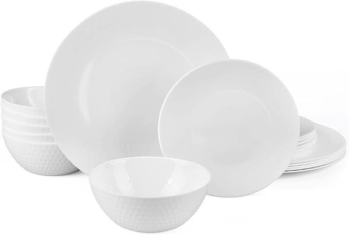 LaGlint Dinnerware Sets for 6, Light & Durable 18 Pieces Opal Glass Plates and Bowls Set, Dishwasher and Microwave Safe Ribbed Dish Dinning Ware, Thin but Strong Geometric Faceted White