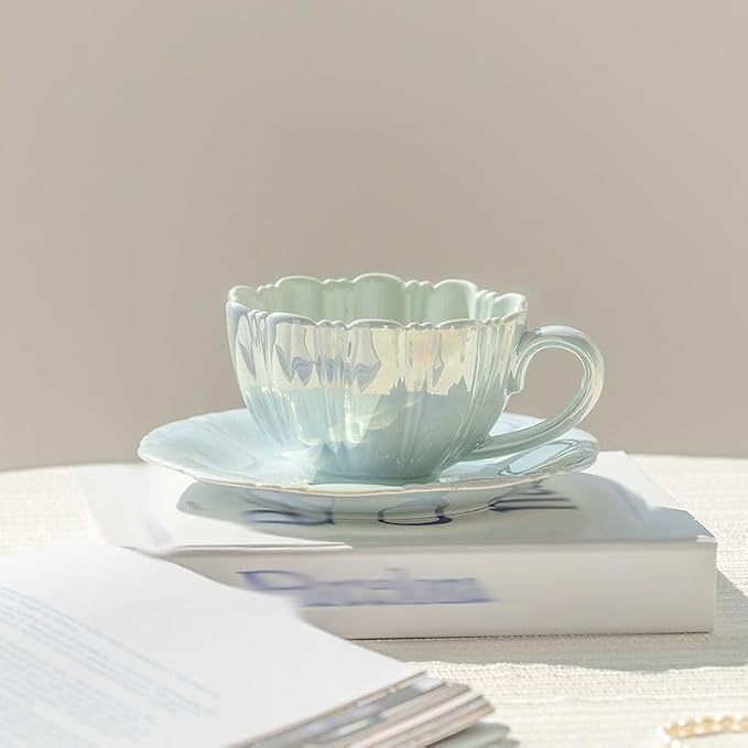 Pearl floral Ceramic Coffee Mug with Coaster Set for Tea Latte Milk Cute Cup with Saucer for Home Office Women Gift 6.5 oz (petal blue, 240 ml)
