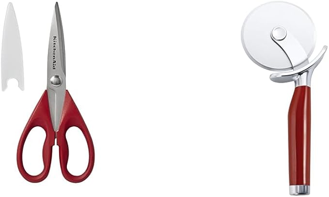 KitchenAid 8.72-Inch Stainless Steel Shears and 9-Inch Pizza Wheel with Sharp Blade and Built In Finger Guard, Red