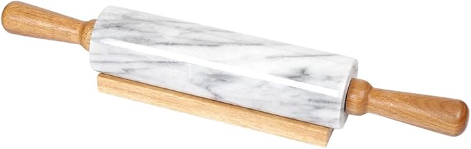 Creative Home Natural Marble Rolling Pin with Wooden Handles and Cradle, 18-Inch rolling pins for baking, Heavy Cool Surface, Dough Roller for Pastry, Pie, Pizza, Cookies, Off white
