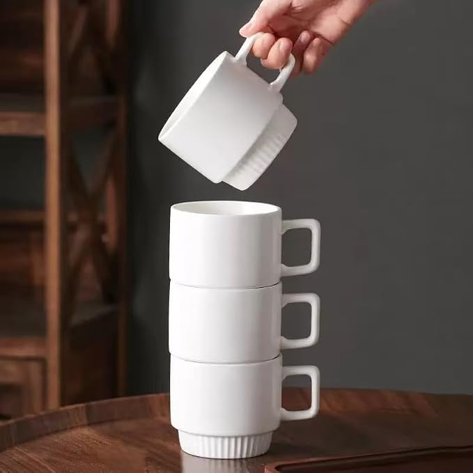 12OZ Stackable Coffee Mugs Set, Ceramic Coffee Cups with morandi color for Au Lait, Cappuccino,Latte,Cafe,Mocha,Tea, Suit Party Housewarming Wedding, Set of 4, Dishwasher&Microwave Safe（White）