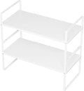 SANNO Expandable Kitchen Shelf Organizers, Cabinet Cupboard Storage Rack,Stackable Counter Shelf Organizer Space Riser Pantry Cupboard Storage Rack, White, 2 pack