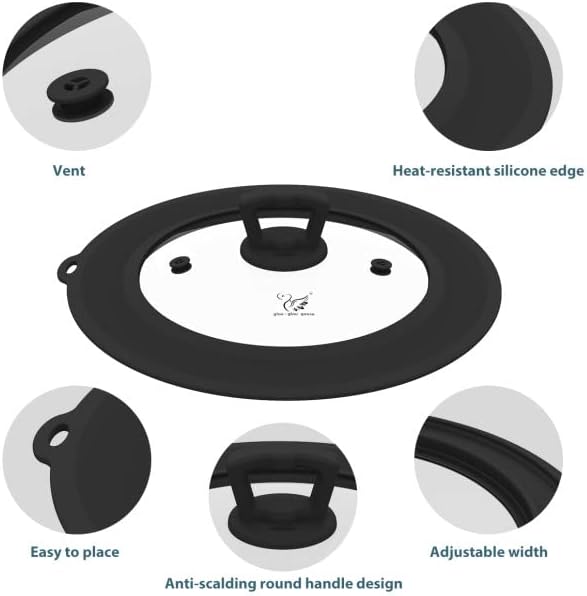 Vented Tempered Glass Universal Lid for Pot Pan Skillet with Heat Resistant Silicone Rim Microwave Splatter Lid Cover Microwave Safe Fit 9.5“ 10” 10.5“ 11” Cookware, Dishwasher Safe Black