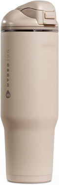 HydroJug Ease2o Water Bottle with Straw & Chug Lid, Stainless Steel, Vented Cap to Help Reduce Pressure, Water-Level Window, Cup Holder Friendly, Non-Slip Base – 32oz, Dune