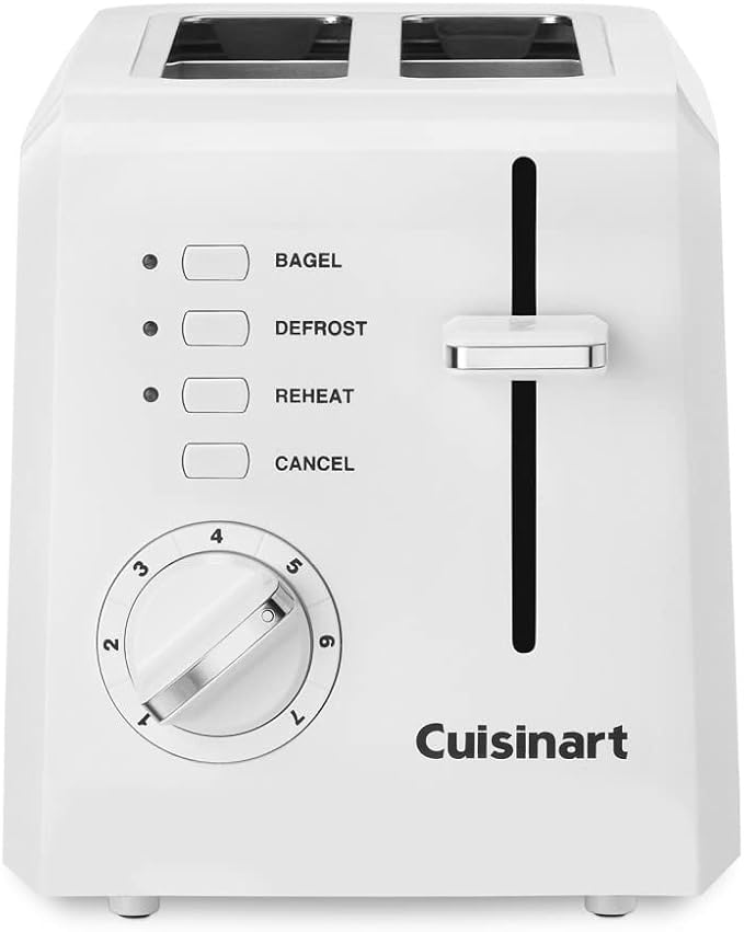 Cuisinart CPT-122 2-Slice Compact Plastic Toaster, Slots for Bagels & Bread, 7 Shade Settings, Cancel/Defrost/Reheat Functions, Removable Crumb Tray, Small Kitchen Appliance for Home & Office, White