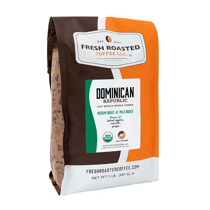 Fresh Roasted Coffee, Organic Dominican Republic Whole Bean Coffee, Medium Roast, USDA Organic, Direct Trade, Kosher, 2 lb (32 oz)