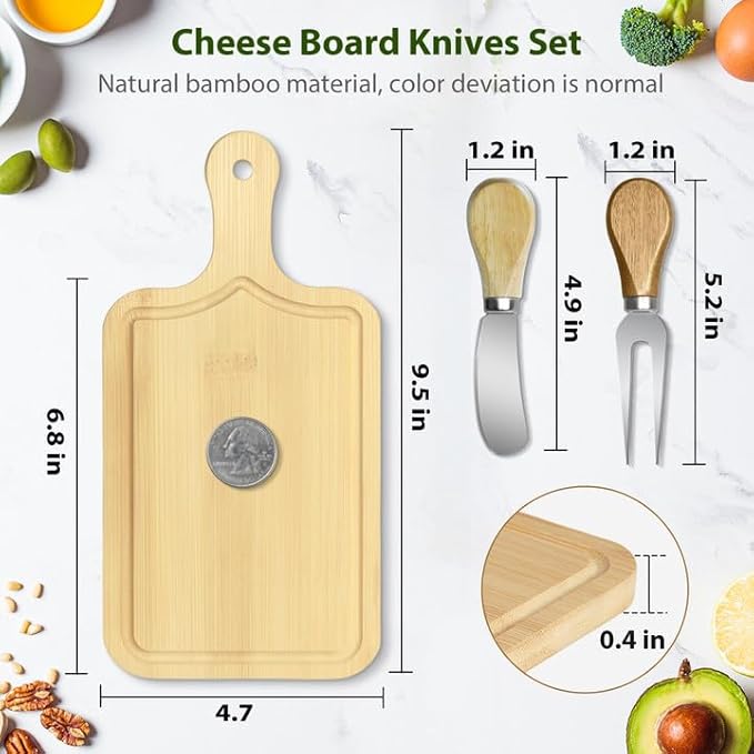 AZEAM 1 Set Baby Bridal Shower Prizes for Game Winners, Bamboo Mini Cheese Board Set with Knife Fork and Present Box, Small Charcuterie Board Bulk for Party Wedding Guests Present