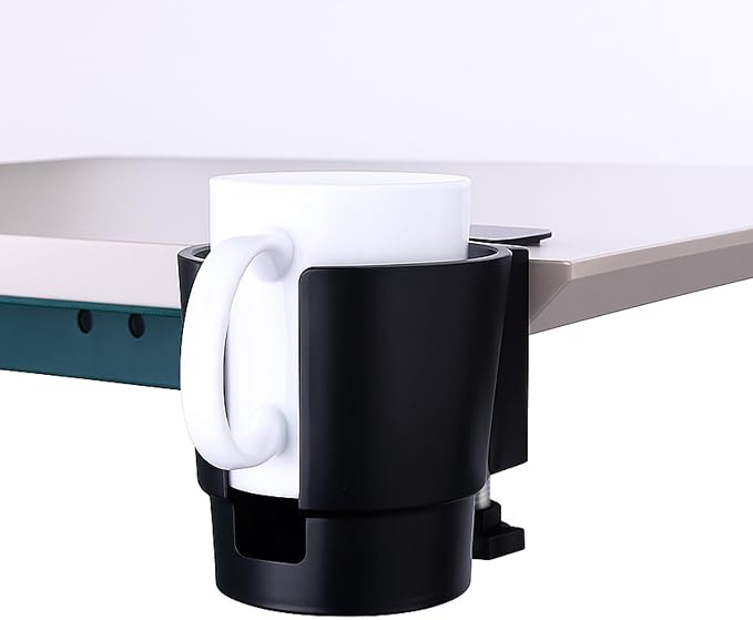 Universal Large Desk Cup Holder Clamp on, Heavy Duty Plastic Drink Holder for Table, Porch Swing, Patio Chair, Clip On Anti-Spill Bottle Holder for Most Cups, Bottles, Cans, Tumbles, Black, Pack of 2