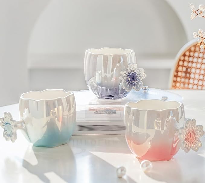 Pearl Ceramic Coffee Mug for Tea Latte Milk Cute Love Shape Cup for Home Office Women Gift 6.5 oz (cherry blue, 350 ml)