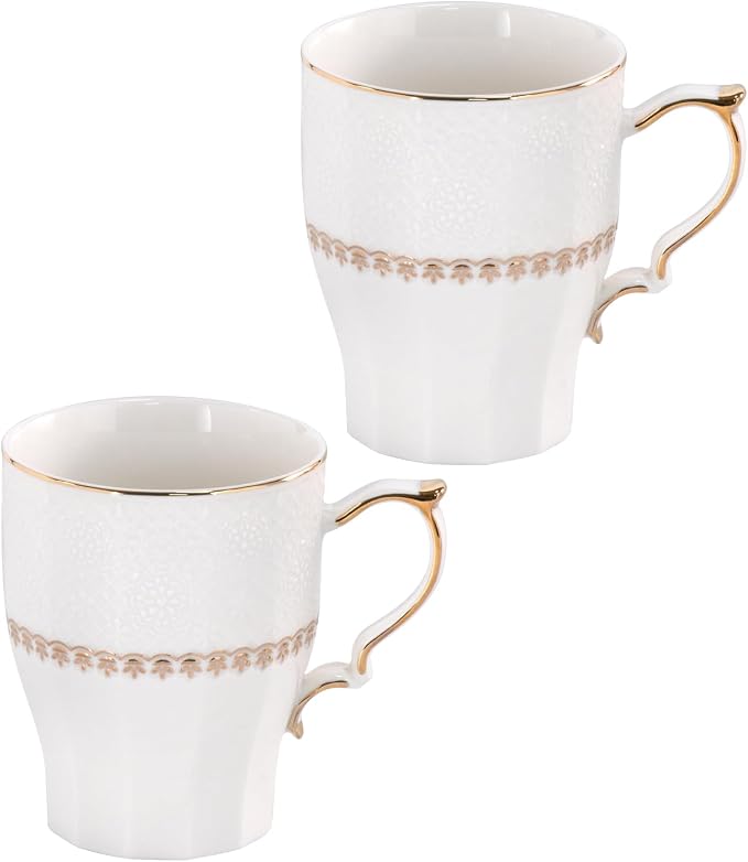 KAMMAK Ceramic Mug Set of 2, 9.8oz Elegant Coffee and Tea Cups, Vintage Breakfast Mugs, Porcelain Cup Ideal for Birthday - Afternoon Tea & Housewarming Gifts (YFH20)