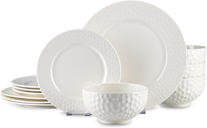 12-Piece Ceramic Dinnerware Set for 4, Water Cube Texture Dishes and Plates Sets, Includes Plates and Bowls, Minimalist High-Temperature Reinforced Porcelain, White
