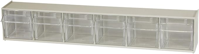 Akro-Mils TiltView Plastic Storage Cabinet with 6 Tilt Out Bins, Horizontal Plastic Parts Organizer, Teacher Toolbox, and Office Supply Organizer, 23-5/8" W x 3-1/2" H x 3-3/4" D, Stone