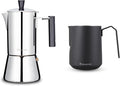 Easyworkz Pedro Stovetop Espresso Maker 6Cup 300ml, Bundled Espresso Steaming Pitcher Stainless Steel 20 oz Coffee Frothing Picther Milk Jug Cappuccino Latte Art Cup, Black