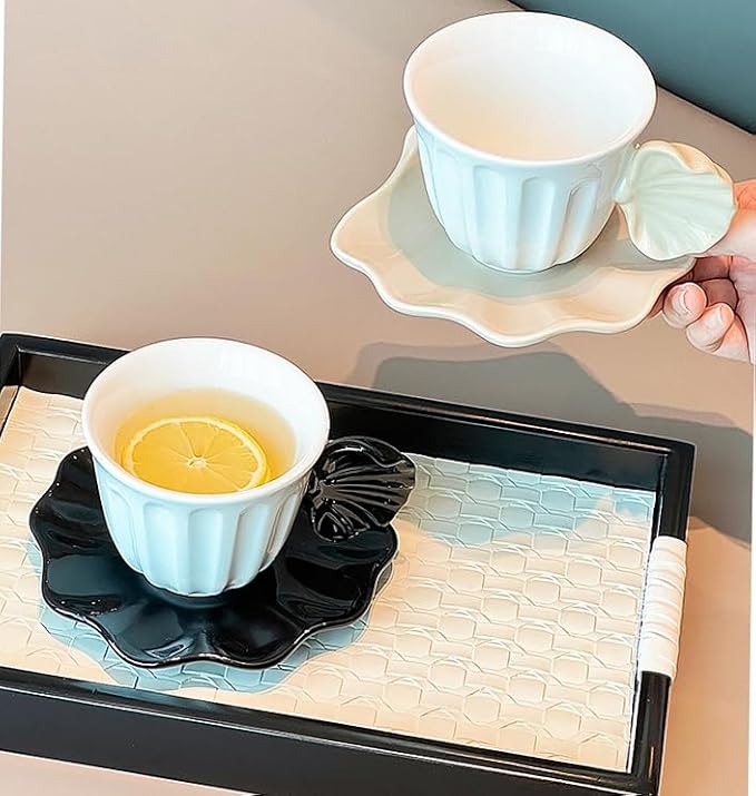 Pearl Shell Ceramic Coffee Mug with Shell Coaster Set for Tea Latte Milk Cute Cup with Saucer for Home Office Women Gift 6.5 oz (black S, 270 ml)