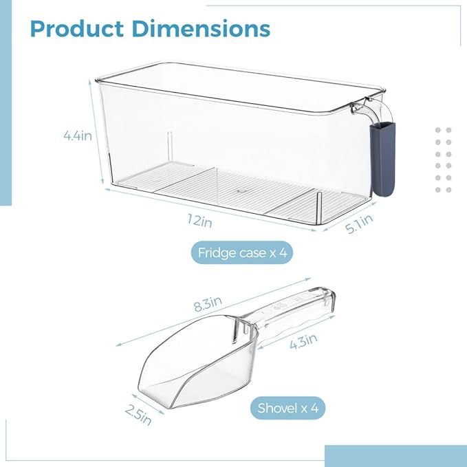4 Pcs Clear Freezer Ice Bins with Handle Design, Ice Food Organizers for Kitchen Fridge Cabinet, Transparent Plastic Storage Cases with Shovels Scoops, Refrigerator Containers