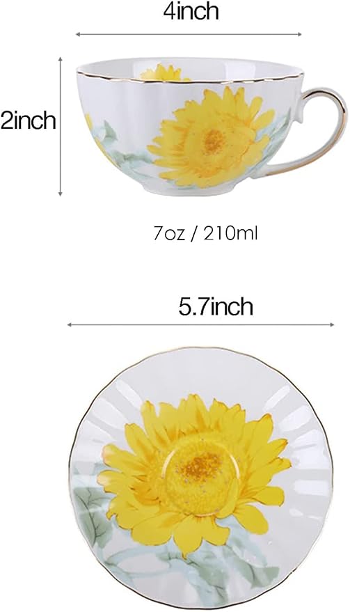 Ceramic Teacup Sunflower Vintage Coffee Mug Tea Cup with Saucer,Set of 4