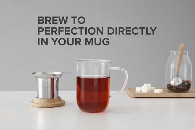 VIVA Minima Double Wall Glass Balance Tea Mug with Mesh Infuser and Wood Lid- 500 ml / 17 oz