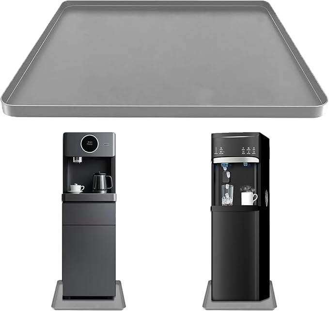 Water Cooler Mat, 24x16 Inch Silicone Drip Tray with Raised Edge, Non-Slip Appliance Protector Pad for Hardwood Floors & Carpets, Kitchen, Pet Feeding Area, Door Entry - Easy Clean (Gray）