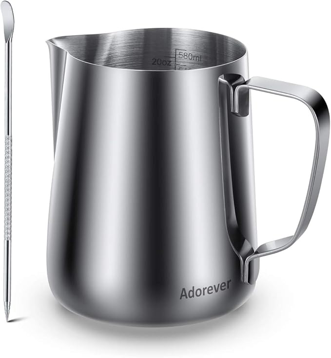 Milk Frothing Pitcher, Thicker Version 600ml 20oz Steaming Pitchers Stainless Steel Milk Coffee Cappuccino Latte Art Barista Steam Pitchers Milk Jug Cup with Decorating Pen
