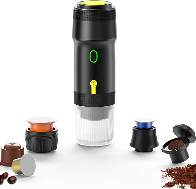 Portable Espresso Maker, 20 Bar Pressure Small Coffee Machine, Rechargeable Battery Operated Mini Coffee Maker for Pods or Grounds, Includes Car Charger, for Hot & Iced Coffee (White)