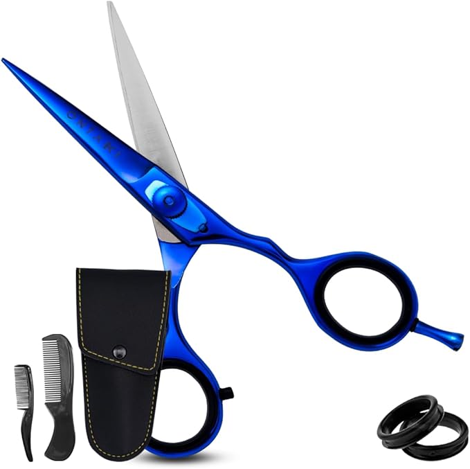 Ontaki Beard & Mustache Scissors for Men - 5.5" Japanese Steel, Midnight Blue - Sharp Blades, Ergonomic Finger Rest & Adjustable Tension Screw for Perfect Trimming - Beard Scissors for Men