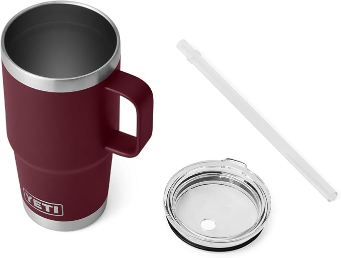 YETI Rambler 25 oz Tumbler with Handle and Straw Lid, Travel Mug Water Tumbler, Vacuum Insulated Cup with Handle, Stainless Steel, Wild Vine Red
