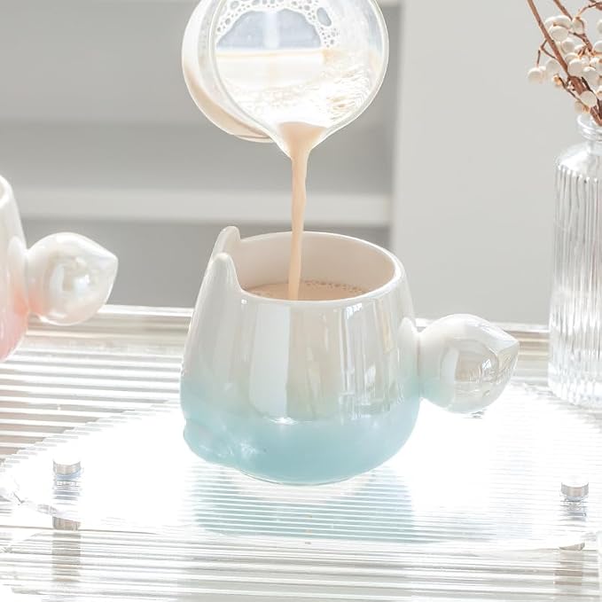 Pearl Ceramic Coffee Mug for Tea Latte Milk Cute Love Shape Cup for Home Office Women Gift 6.5 oz (pink fat bunny, 430 ml)