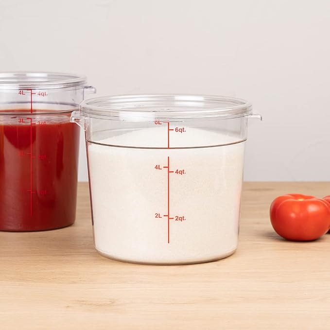 Restaurantware 6 Quart Plastic Food Storage Container - Durable Clear Polycarbonate Storage Bin - Round Food Prep Storage with Red Graduations - Dishwasher Safe Commercial Kitchen Use