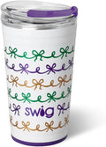 Swig Life 24oz Party Cup, Stackable Insulated Travel Coffee Tumbler with EZ Slider Lid, Cup Holder Friendly Travel, Stainless Steel 24 oz Tumbler, Reusable Mug (Mardi Gras Bows)