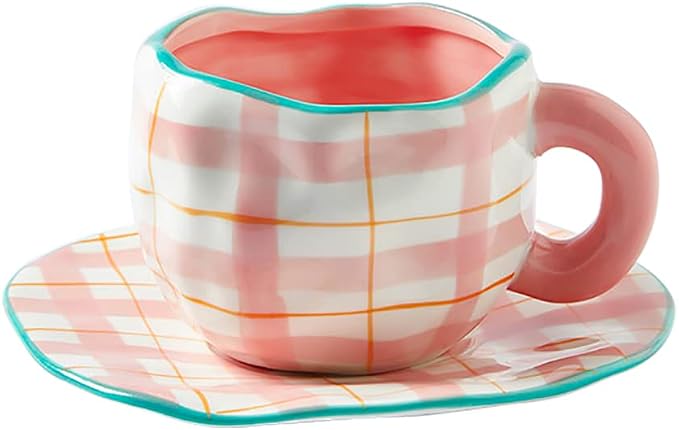 Noviko Pink Coffee Mug Cute Cup with Saucer Set for Women 10 oz