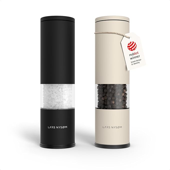LARS NYSØM Salt and Pepper Grinder Set Manual, Stainless Steel Salt and Pepper Mills with Adjustable Ceramic Grinder I Design Spice Shakers (Black/Beige)