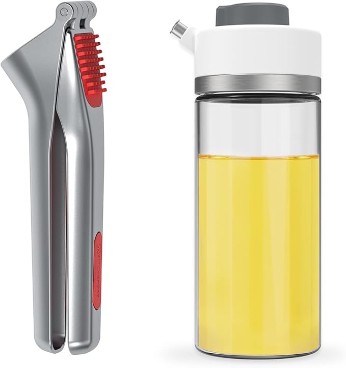 KITCHENDAO Heavy-Duty Garlic Press and Precision Pour Glass Oil Dispenser