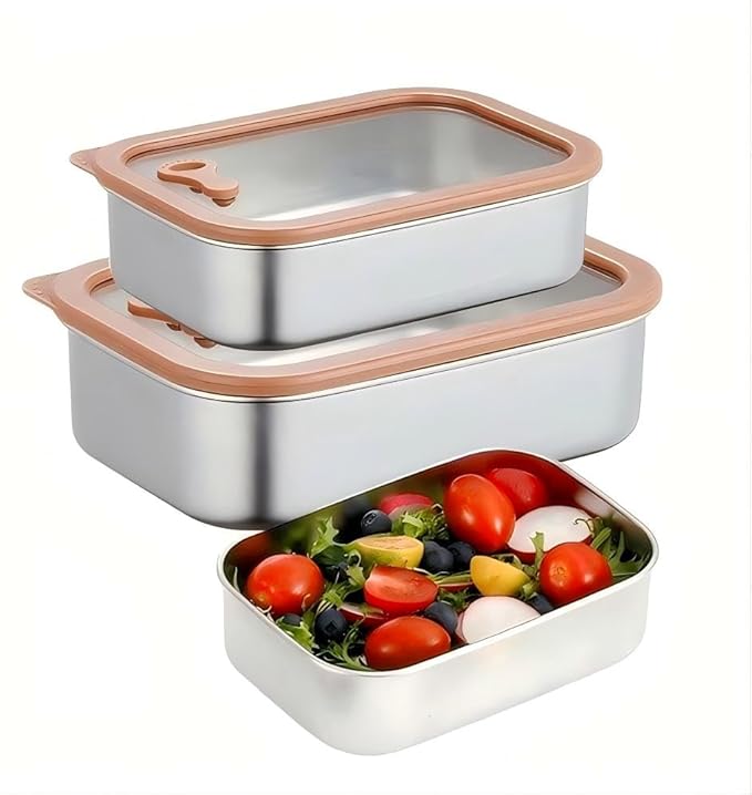 304 Stainless Steel Food Storage Containers - Heat-Resistant Glass Lid Set for Secure Meal Prep, Ideal for Cooking, Office & Camping (3pcs-21 oz, 42 oz and 70 oz)